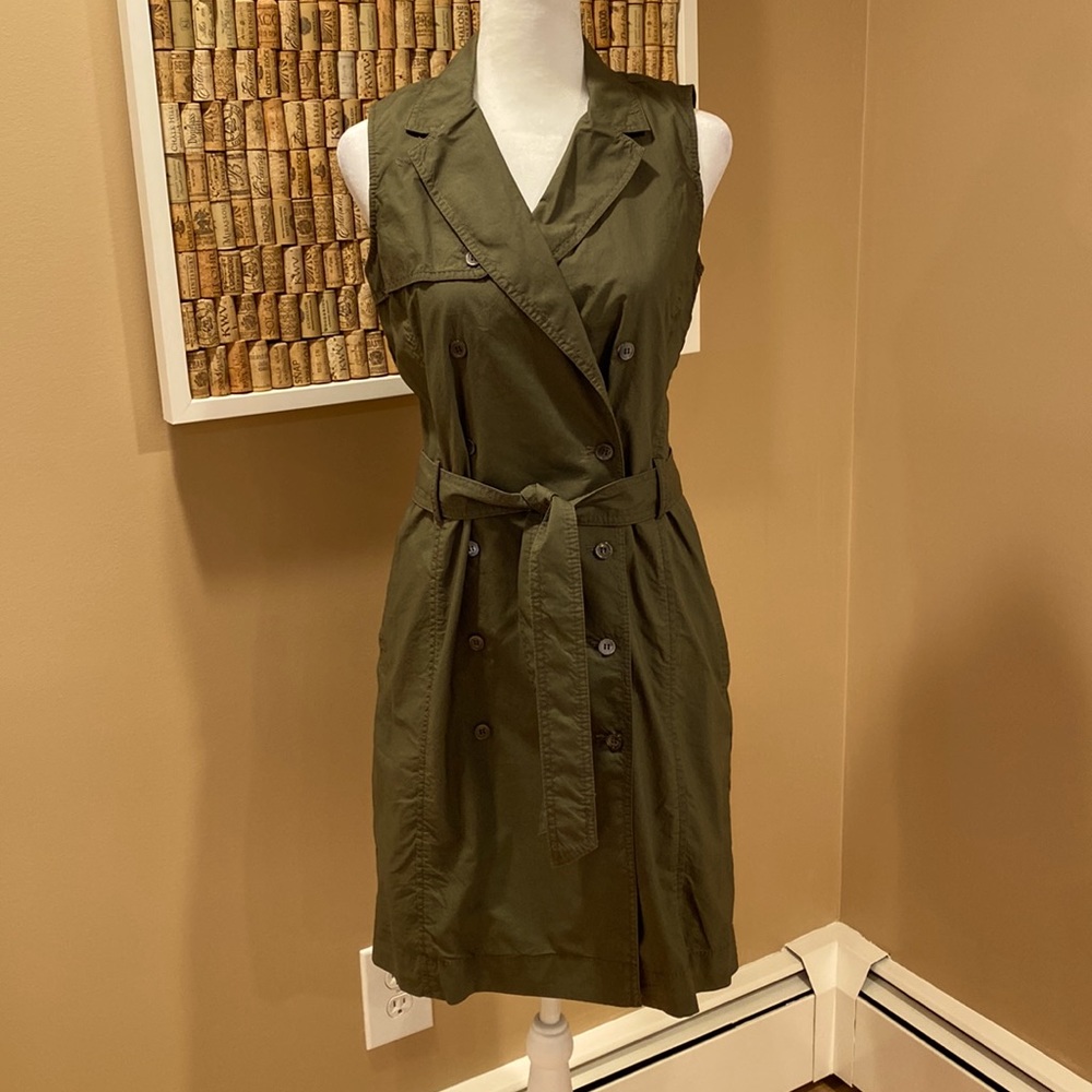 J Crew Olive Green Cotton Dress.  With: front buttons, waist tie, side pockets